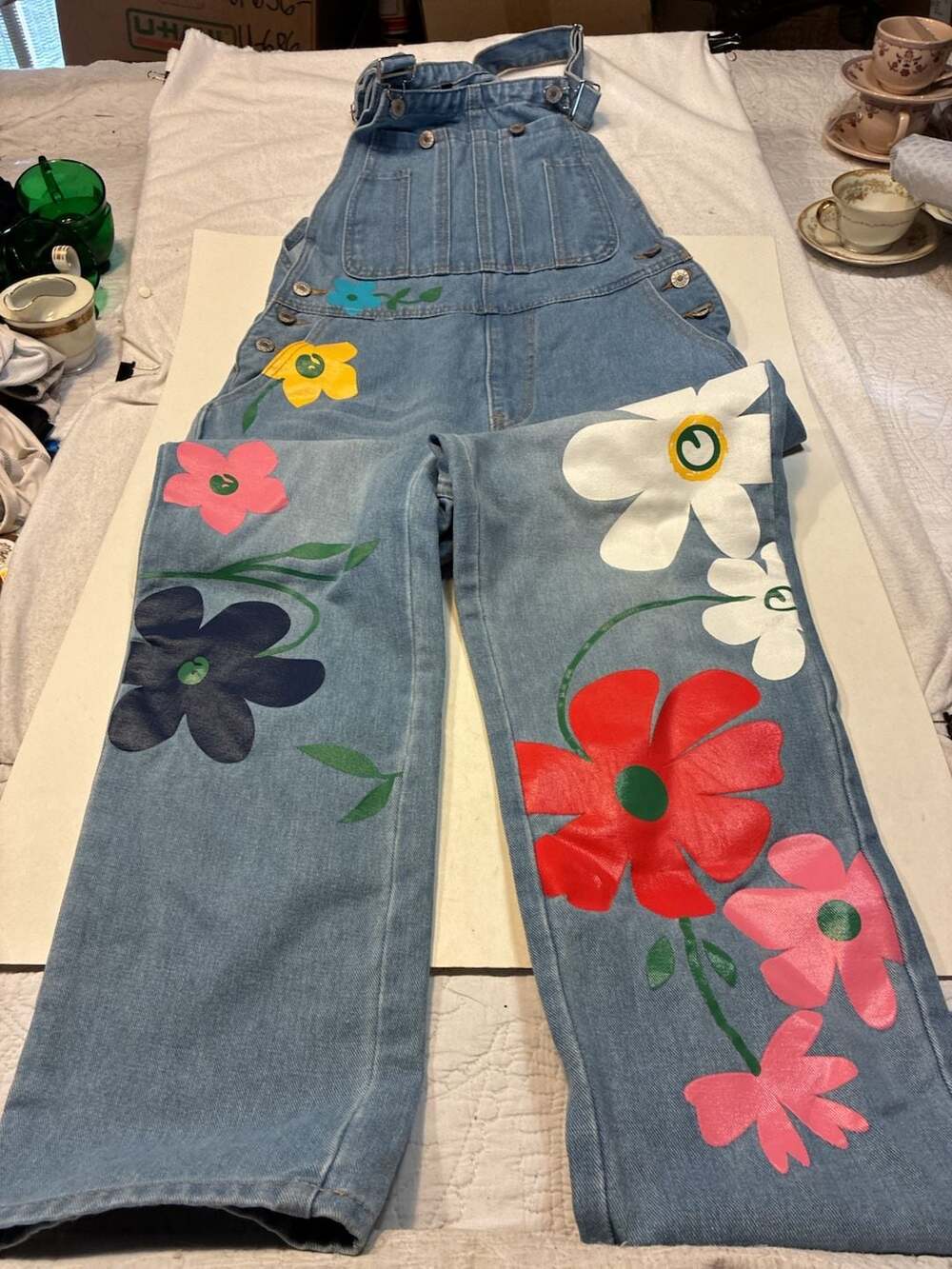 MISSLOOK Painted Flower Denim Bib Overalls